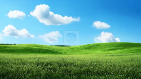 Sunlit rolling grassland under cumulus cloud-filled blue sky