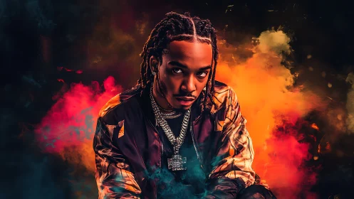 Flame-lit hip-hop portrait blazing through neon smoke clouds.