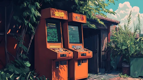 Sunlit retro arcade machines tucked into a leafy corner.