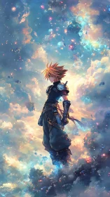 Skybound warrior stands amid luminous cosmic clouds.