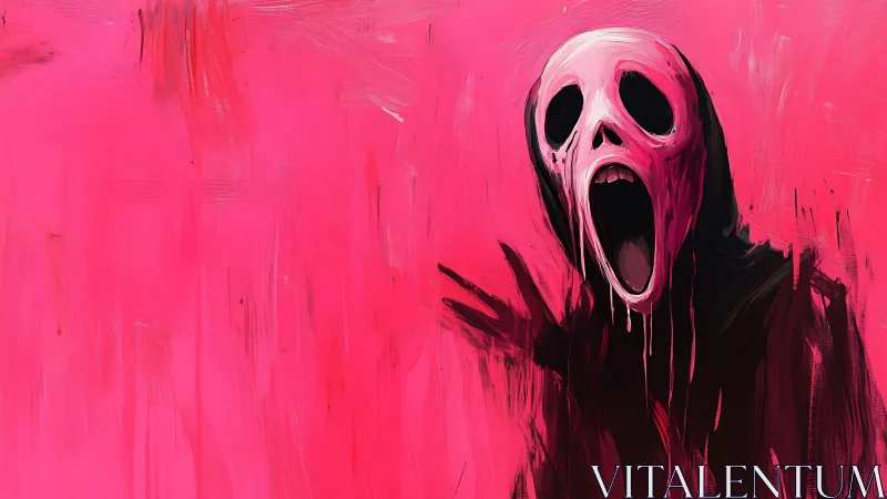 Elongated skull mask figure is rendered against flat pink field