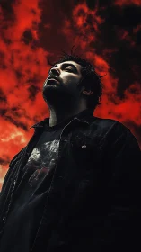Low-angle moody portrait under dramatic red storm sky.
