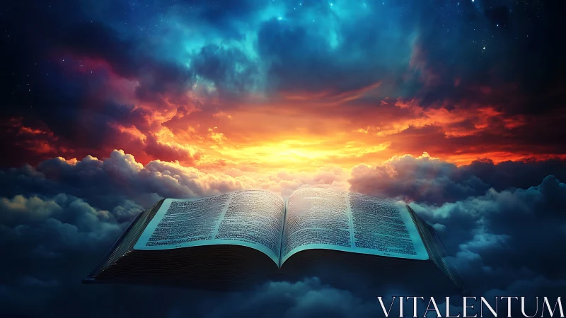 Open holy book glows over clouds beneath a radiant sky