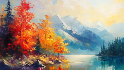 Impasto autumn forest reflects against luminous alpine lake