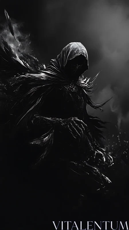 Hooded spectral figure rendered in high-contrast digital chiaroscuro