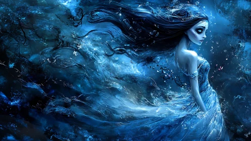 Dark-haired fantasy woman in flowing blue ethereal dress.