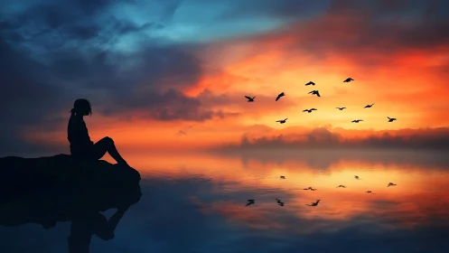 Silhouetted figure on coastal rock at vivid orange dusk sky