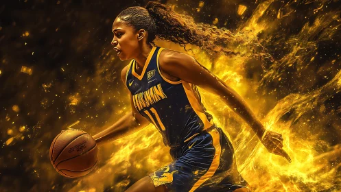 Dynamic female basketball player rendered in fiery digital motion