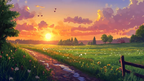 Sunset over rural meadow with dirt path and flowers.