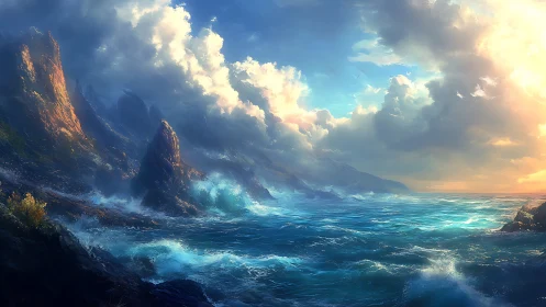 Stormlit cliffs and radiant sea under a glowing horizon.