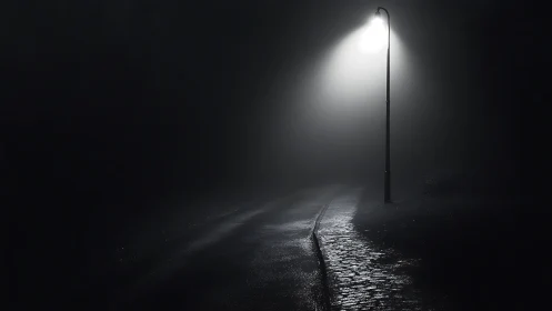 Single streetlamp illuminates wet cobblestone path at night