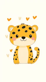 Cartoon leopard cub sits centered with orange hearts
