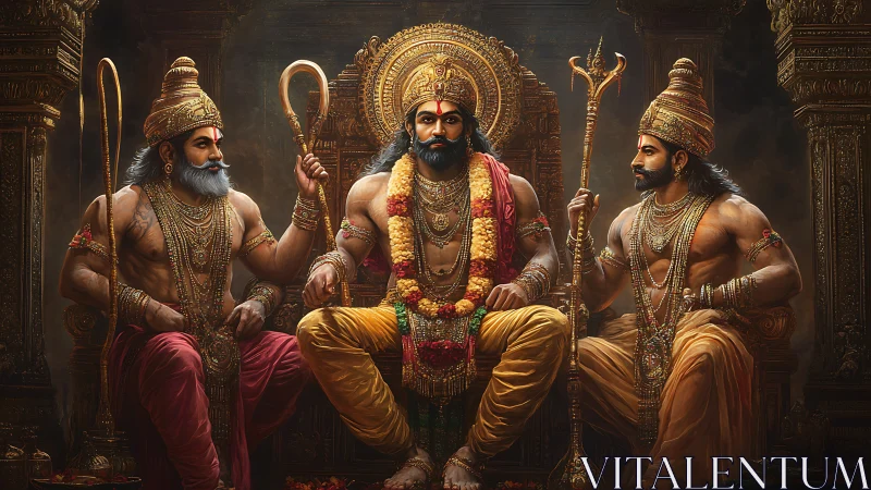 Regal warrior king seated between two divine guardians