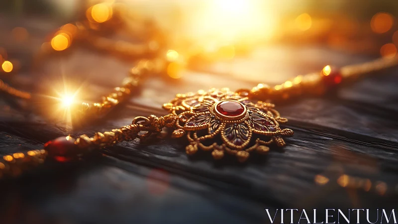 Golden jeweled pendant glows warmly in soft evening light