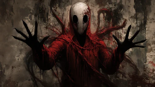 Masked humanoid horror figure in blood red shrouded coat.