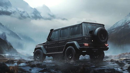 Black off-road SUV stands in misty alpine valley rain