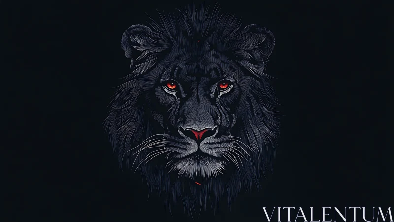 Stylized black lion portrait isolates crimson eyes on void