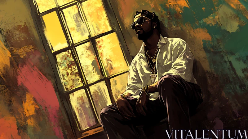 Moody hip-hop artist rests in golden abstract window light.