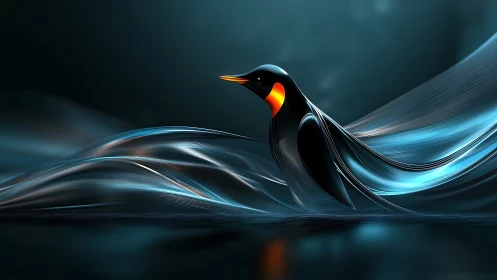 Futuristic penguin glides through luminous aqua currents.