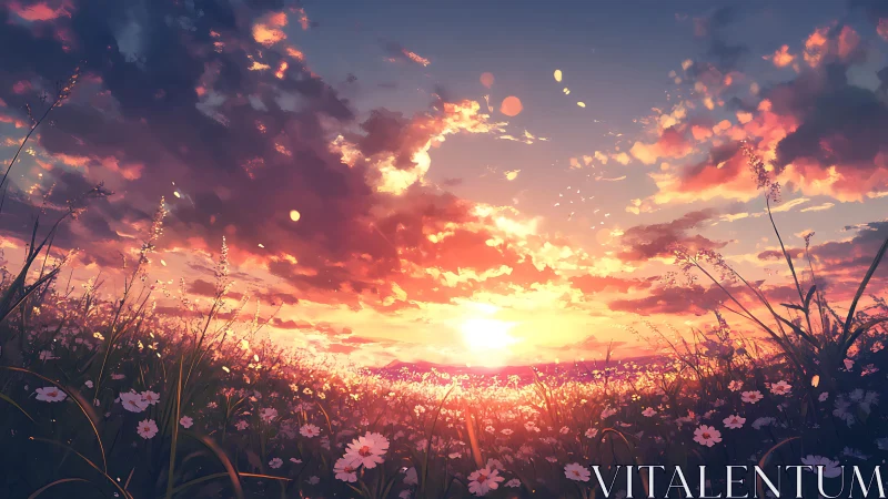Radiant sunset over wildflower meadow in dreamy bloom.