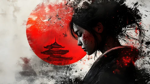 Solitary Japanese woman silhouette against red sun circle.