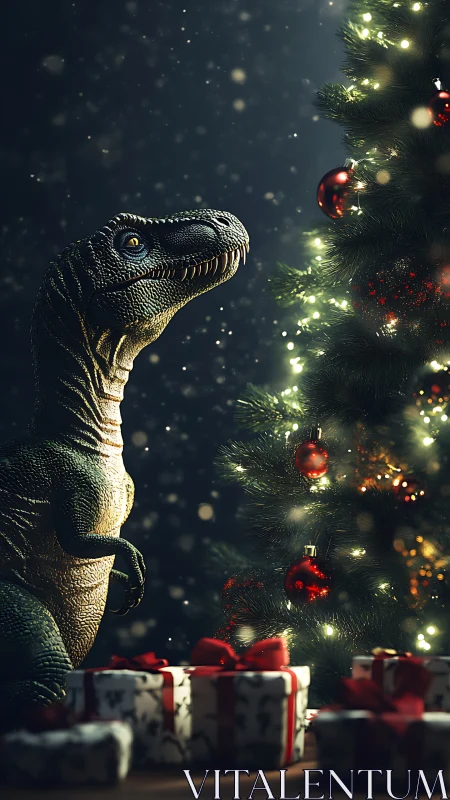 Velociraptor model watching lit Christmas tree at night.