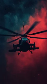 Night-storm gunship slices through neon crimson rain.