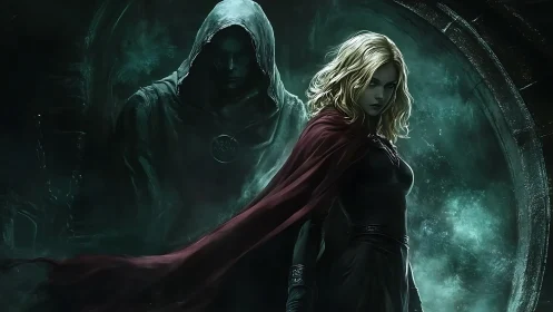 Sorceress stands before spectral hooded guardian portal