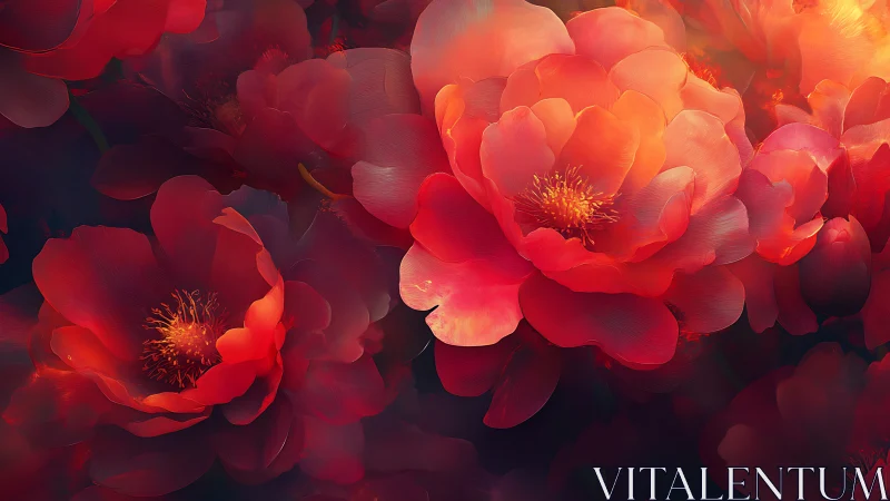 Red and orange peonies with golden stamen centers arranged densely together