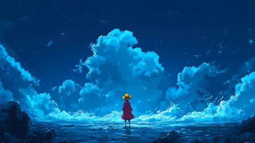 Stargazing child under luminous ocean skyscape at night.