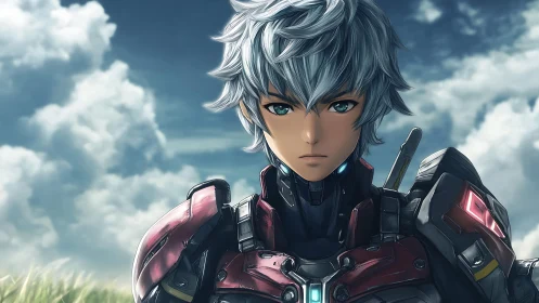 Armored anime warrior under dramatic cloudy sky portrait.