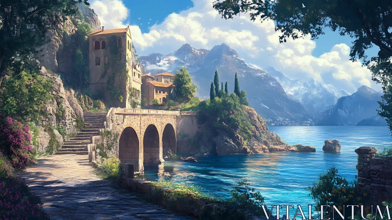 Lakeside masonry bridge beneath alpine coastal village panorama.