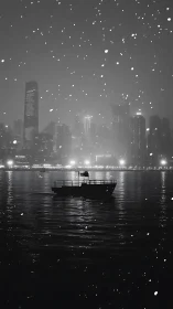 Lone harbor boat drifting beneath a snowfall of city lights.