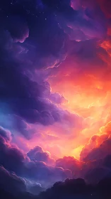 Radiant celestial clouds swirl through a blazing sunset sky.