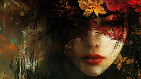 Mystical painted portrait wrapped in flowers and quiet fire.