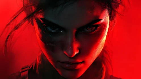 Fierce warrior’s blood-red stare cuts through the darkness