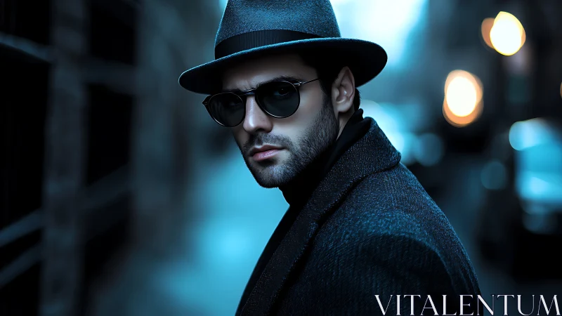 Mystery man in fedora walks through dim blue city street