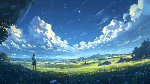 Celestial meadow panorama frames lone figure under vast sky