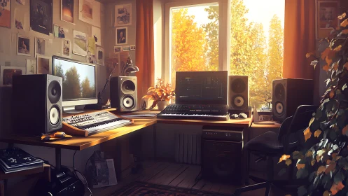 Autumn-lit digital music studio integrates warm ambient lighting
