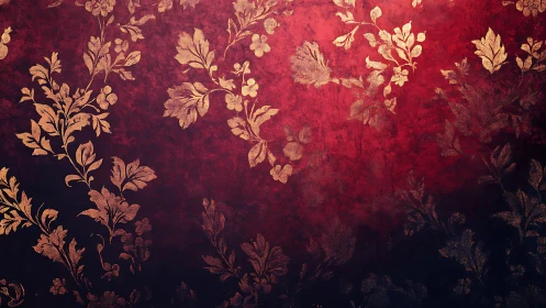 Rich red floral wallpaper with softly glowing golden vines.