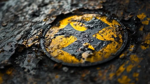 Weathered yellow hazard emblem under corroded metal debris.