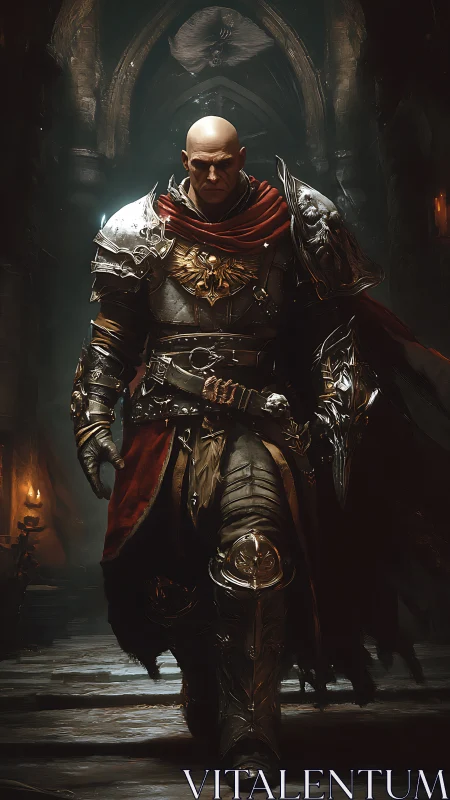 Armored warrior walking through dim gothic stone corridor.