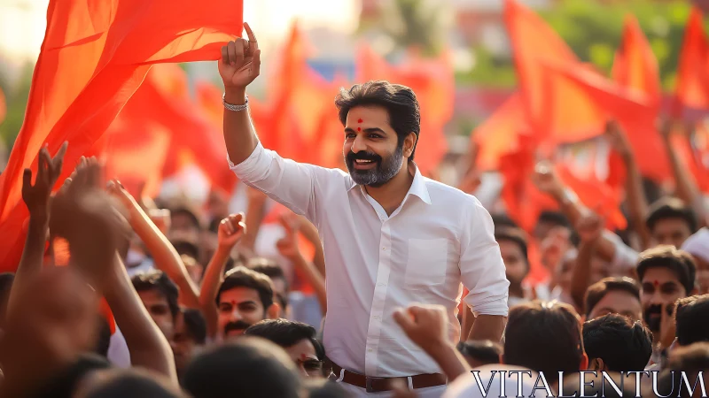 Charismatic leader raised above crowd amid vivid orange flags