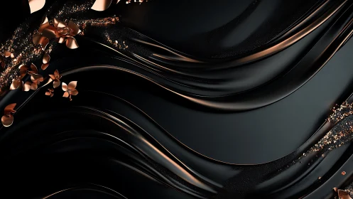 Copper floral fragments glide across glossy black waves