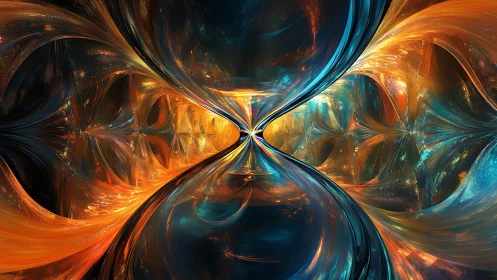 Fractal hourglass vortex bends molten light and space.