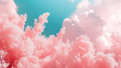 Cotton candy forest under vivid cyan summer sky.