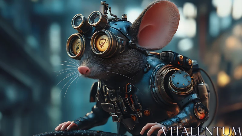 Steampunk mouse explorer scans industrial city at dusk