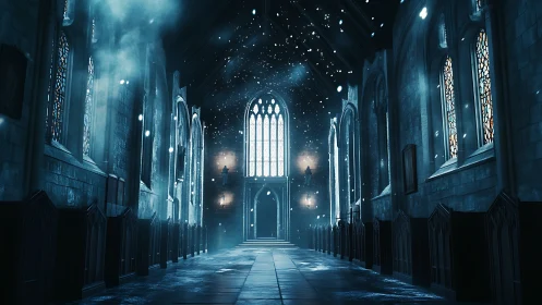 Long gothic nave interior shows dust and cold blue light