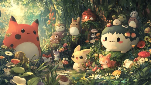 Whimsical forest creatures gathered in glowing flower garden.