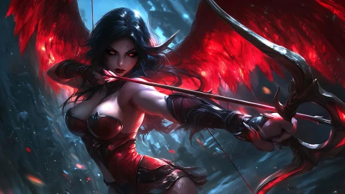 Scarlet winged huntress draws a midnight ember arrow.